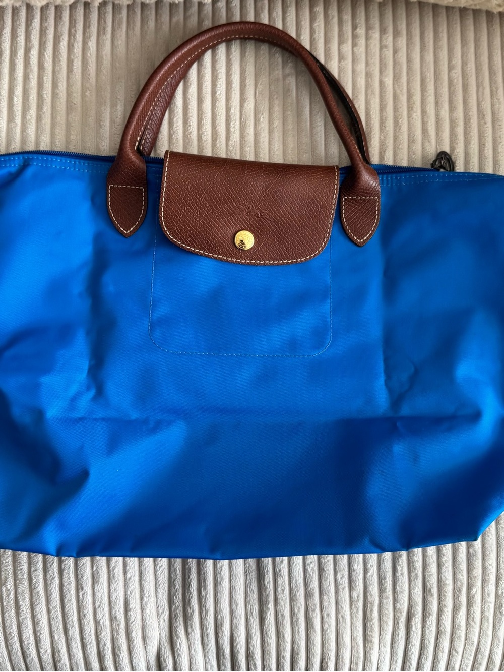Longchamp Royal Blue Nylon Tote with Brown Leather Trim